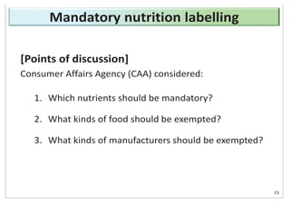 [Points of discussion]
Consumer Affairs Agency (CAA) considered:
1. Which nutrients should be mandatory?
2. What kinds of food should be exempted?
3. What kinds of manufacturers should be exempted?
15
Mandatory nutrition labelling
 