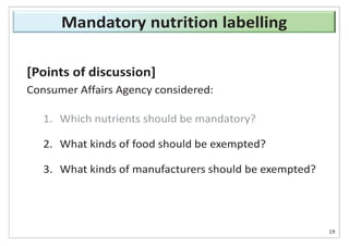 [Points of discussion]
Consumer Affairs Agency considered:
1. Which nutrients should be mandatory?
2. What kinds of food should be exempted?
3. What kinds of manufacturers should be exempted?
19
Mandatory nutrition labelling
 