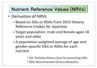 • Derivation of NRVs
– Based on DGs or RDAs from 2015 Dietary
Reference Intakes for Japanese
– Target population: male and female aged 18
years and older
– A population-weighted average of age and
gender-specific DGs or RDAs for each
nutrient
* DG: Tentative Dietary Goal for preventing LRDs
* RDA: Recommended Dietary Allowance
 