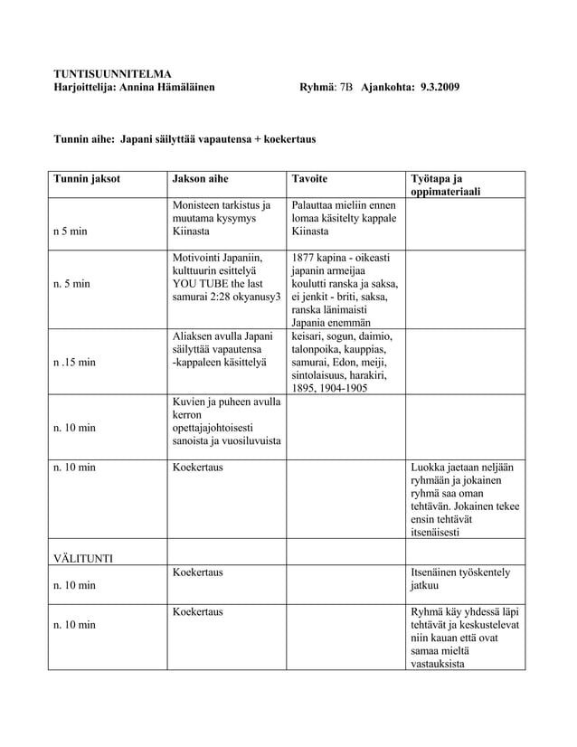 Japani Kertaus Tuntisuunnitelma DOC Japani Kertaus Tuntisuunnitelma DOC