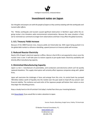 Intelligent Investments, Unbiased Advice


                                Investment notes on Japan

Our thoughts and prayers are with the people of Japan as they continue dealing with the earthquake and
tsunami after effects.

The Tōhoku earthquake and tsunami caused significant destruction in Northern Japan while the on-
going nuclear crisis threatens wide environmental contamination. Because the news situation is fluid,
we’ve restricted our comments to longer-term observations and how it may affect the global economy.

1. U.S. Treasury Yields Increase
Because of the 2008 financial crisis, treasury yields are historically low. With Japan being pushed in to
the global debt market to refinance rebuilding, upward pressure on treasury yields will increase.


2. Reduced Reactor Electricity
Nearly 12% of Japan’s electrical capacity is offline. Worse is that 6-9% is not expected to return once the
nuclear crisis is over. It will take years to restore capacity to pre-quake levels. Electricity availability will
directly affect manufacturing capacity.


3. Diminished Manufacturing Capacity
Japan is a tier 1 manufacturer of automobiles, semi-conductors and electronics which can’t be quickly
replaced elsewhere. This supply interruption will certainly affect Japanese companies along with global
firms.

Japan will overcome the challenges it faces and emerge from this crisis. Its central bank has pumped
700 billion dollars worth of liquidity into the market over the past week to head off any concern over
financial stability. The resilience and work ethic of the Japanese people will bolster their nation as once
they begin the rebuilding process.

Keep a steady hand on the till and don’t let today’s market fear drive your investing behavior.

Visit Direct Relief If you would like to make a donation to Japan.



                                                    Sources: Reuters, Bloomberg, Google Fiance, Fidelity, TD Ameritrade


                                      © Wesban Financial Consultants, P.C.
                                             www.wesban.com
                                             Eric@wesban.com
                                                205.995.7778
 
