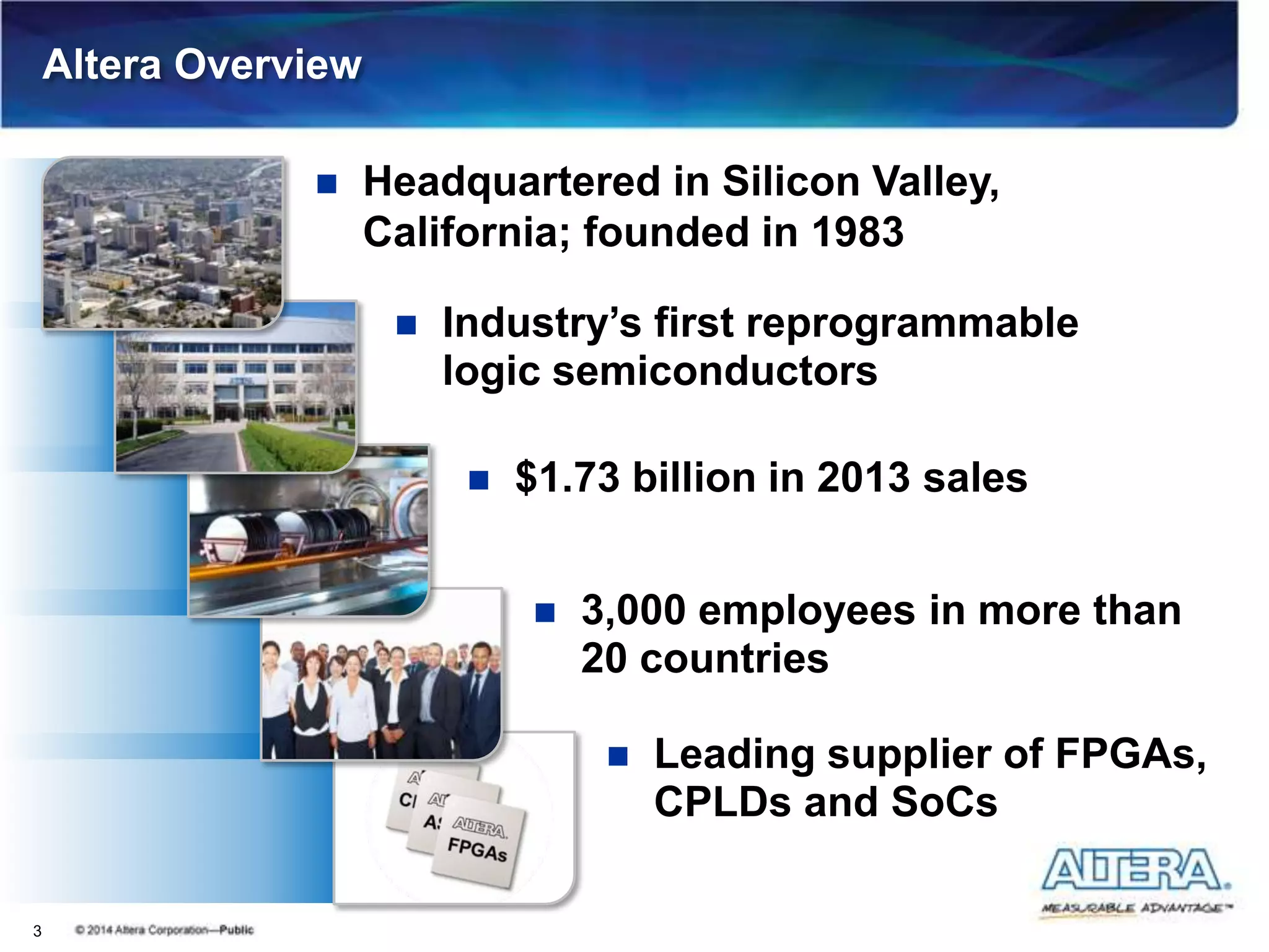 Altera Overview
3
 Headquartered in Silicon Valley,
California; founded in 1983
 Industry’s first reprogrammable
logic semiconductors
 $1.73 billion in 2013 sales
 3,000 employees in more than
20 countries
 Leading supplier of FPGAs,
CPLDs and SoCs
 