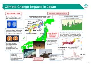 3
Climate Change Impacts in Japan
Extreme Weather Events
Record breaking heavy rainfall in wide
area of western Japan in July 2018
（出典：気候変動監視レポート2017(気象庁)）
【2018年7月23日の日最高
気温】
（出典：気象庁）
【2018年熱中症によ
る
救急搬送状況】
（出典：消防庁）
Agricultural Crops
Degraded quality of crops
e.g. rice grains and fruits
Immature grains when daily
mean temperature exceeds
27 degree in ripening period.
Oranges’ skin and
pulp are separated
due to high
temperature and
increase rainfall after
ripening
Increasing heavy rainfall
Heat Stroke/
Infectious
diseases
Tiger mosquitoes,
vector of dengue
fever is expanding
to north.
Record of the highest temperature;
41.1 degree C in Kumagaya, Saitama
Heaat stroke patients in summer has
been 40,000 and 50,000 since 2010
Ecosystems
Coral reef
whitening,
damaged by the
increased seawater
temperature
Thunderbird is
endangered due to
decreasing
habitats
 