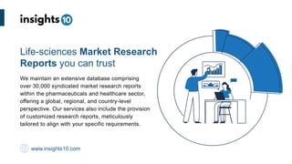 Life-sciences Market Research
Reports you can trust
www.insights10.com
We maintain an extensive database comprising
over 30,000 syndicated market research reports
within the pharmaceuticals and healthcare sector,
offering a global, regional, and country-level
perspective. Our services also include the provision
of customized research reports, meticulously
tailored to align with your specific requirements.
 