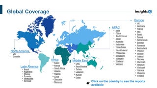 Click on the country to see the reports
available
Global Coverage
North America
• US
• Canada
Latin America
• Brazil
• Argentina
• Mexico
• Ecuador
• Venezuela
• Senegal
Europe
• UK
• Germany
• France
• Italy
• Spain
• Russia
• Netherlands
• Sweden
• Romania
• Switzerland
• Poland
• Austria
• Ireland
• Norway
• Denmark
• Belgium
• Portugal
• Ukraine
• Bulgaria
• Finland
APAC
• India
• China
• South Korea
• Japan
• Australia
• Indonesia
• Hong Kong
• New Zealand
• Philippines
• Singapore
• Malaysia
• Thailand
• Vietnam
Middle East
• UAE
• Saudi Arabia
• Turkey
• Lebanon
• Kuwait
• Qatar
Africa
• Egypt
• Kenya
• South Africa
• Algeria
• Nigeria
• Libya
• Tanzania
• Morocco
 