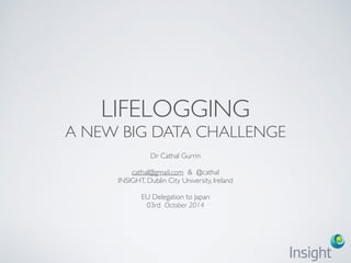 LIFELOGGING
A NEW BIG DATA CHALLENGE
Dr Cathal Gurrin
cathal@gmail.com & @cathal
INSIGHT, Dublin City University, Ireland
EU Delegation to Japan
03rd October 2014
 
