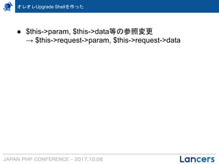 オレオレUpgrade Shellを作った
● $this->param, $this->data等の参照変更
→ $this->request->param, $this->request->data
 