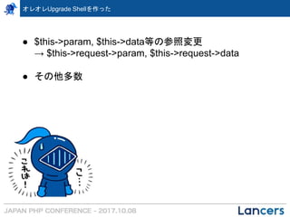 オレオレUpgrade Shellを作った
● $this->param, $this->data等の参照変更
→ $this->request->param, $this->request->data
● その他多数
 
