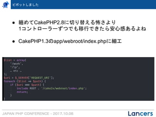 ● 纏めてCakePHP2.8に切り替える怖さより
1コントローラーずつでも移行できたら安心感あるよね
● CakePHP1.3のapp/webroot/index.phpに細工
ピボットしました
 