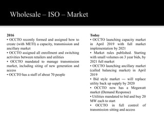 2016
• OCCTO recently formed and assigned how to
create (with METI) a capacity, transmission and
ancillary market
• OCCTO assigned all enrollment and switching
activities between retailers and utilities
• OCCTO mandated to manage transmission
market, including siting of new generation and
access
• OCCTO has a staff of about 70 people
Today
• OCCTO launching capacity market
in April 2019 with full market
implementation by 2021
• Market rules published. Starting
with small volumes on 3 year bids, by
2021 full market
• OCCTO launching ancillary market
(called balancing market) in April
2019
• Bid style market --- will replace
utility back up supply by 2020
• OCCTO now has a Megawatt
market (Demand Response)
• Utilities mandated to bid and buy 20
MW each to start
• OCCTO in full control of
transmission sitting and access
 
