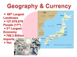 Geography & Currency<br />68th Largest Landmass<br />127,078,679 People (11th)<br />3rd Largest Economy<br />708.3 Billion...
