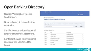 Open Banking Directory
Identity Verification was the
hardest part.
Once onboard, it is excellent to
work with.
Certificate Authority & issuer of
software statement assertions.
Contains the well-known openid
configuration urls for all the
banks.
 