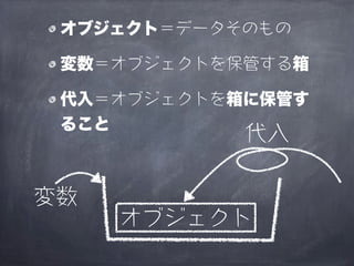 オブジェクト＝データそのもの

 変数＝オブジェクトを保管する箱

 代入＝オブジェクトを箱に保管す
 ること
            代入

変数
     オブジェクト
 