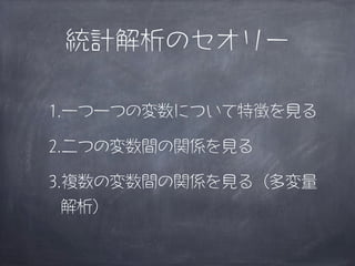 統計解析のセオリー

1.一つ一つの変数について特徴を見る

2.二つの変数間の関係を見る

3.複数の変数間の関係を見る（多変量
  解析）
 