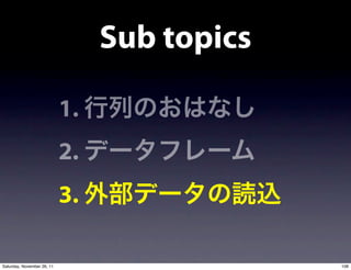 Sub topics

                            1.
                            2.
                            3.

Saturday, November 26, 11                     108
 
