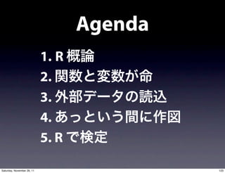 Agenda
                            1. R
                            2.
                            3.
                            4.
                            5. R

Saturday, November 26, 11                   123
 