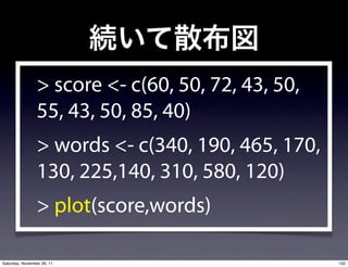 > score <- c(60, 50, 72, 43, 50,
                55, 43, 50, 85, 40)
                > words <- c(340, 190, 465, 170,
                130, 225,140, 310, 580, 120)
                > plot(score,words)

Saturday, November 26, 11                          132
 