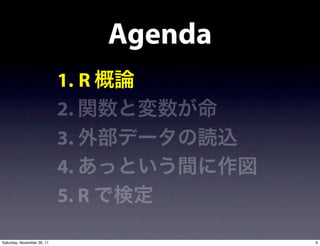 Agenda
                            1. R
                            2.
                            3.
                            4.
                            5. R

Saturday, November 26, 11                   9
 