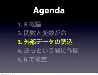 Agenda
                            1. R
                            2.
                            3.
                            4.
                            5. R

Saturday, November 26, 11                   69
 