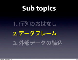 Sub topics

                            1.
                            2.
                            3.

Saturday, November 26, 11                     100
 