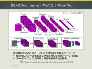 ちなみにDeep Learningの今の花形はConvNet 
2014/12/6 
16 
(LeCun et al., ISCAS, 2010) 
引用：http://www.slideshare.net/nlab_utokyo/deep-learning-40959442 
受容野の畳み込みとプーリングを繰り返す多層ネットワーク 
•段階的にスケールを変えながら局所的な相関パターンを抽出 
•プーリングにより局所的な平行移動不変性を確保  