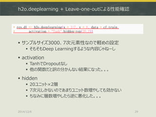 h2o.deeplearning + Leave-one-outによる性能確認 
サンプルサイズ3000、7次元素性なので軽めの設定 
そもそもDeep Learningするような内容じゃねーし 
activation 
TanhでDropoutなし 
他の関数だと訳の分かんない結果になった。。。 
hidden 
20ユニット×2層 
7次元しかないのであまりユニット数増やしても効かない 
ちなみに層数増やしたら逆に悪化した。。。 
2014/12/6 
29 
+ res.dl <- h2o.deeplearning(x = 1:7, y = 8, data = cf.train, 
+ activation = "Tanh",hidden=rep(20,2))  