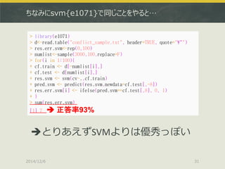ちなみにsvm{e1071}で同じことをやると… 
2014/12/6 
31 
> library(e1071) 
> d<-read.table("conflict_sample.txt", header=TRUE, quote="¥"") 
> res.err.svm<-rep(0,100) 
> numlist<-sample(3000,100,replace=F) 
> for(i in 1:100){ 
+ cf.train <- d[-numlist[i],] 
+ cf.test <- d[numlist[i],] 
+ res.svm <- svm(cv~.,cf.train) 
+ pred.svm <- predict(res.svm,newdata=cf.test[,-8]) 
+ res.err.svm[i] <- ifelse(pred.svm==cf.test[,8], 0, 1) 
+ } 
> sum(res.err.svm) 
[1] 7  正答率93% 
とりあえずSVMよりは優秀っぽい  