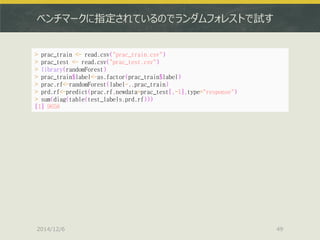 ベンチマークに指定されているのでランダムフォレストで試す 
2014/12/6 
49 
> prac_train <- read.csv("prac_train.csv") 
> prac_test <- read.csv("prac_test.csv") 
> library(randomForest) 
> prac_train$label<-as.factor(prac_train$label) 
> prac.rf<-randomForest(label~.,prac_train) 
> prd.rf<-predict(prac.rf,newdata=prac_test[,-1],type="response") 
> sum(diag(table(test_labels,prd.rf))) 
[1] 9658  