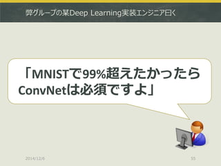 弊グループの某Deep Learning実装エンジニア曰く 
2014/12/6 
55 
「MNISTで99%超えたかったら ConvNetは必須ですよ」  
