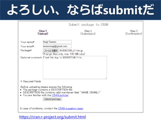 よろしい、ならばsubmitだ
https://cran.r-project.org/submit.html
 