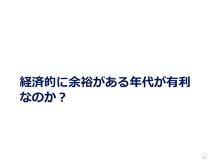 経済的に余裕がある年代が有利
なのか？
22
 