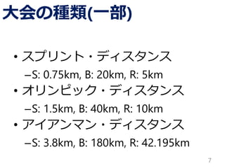 大会の種類(一部)
• スプリント・ディスタンス
–S: 0.75km, B: 20km, R: 5km
• オリンピック・ディスタンス
–S: 1.5km, B: 40km, R: 10km
• アイアンマン・ディスタンス
–S: 3.8km, B: 180km, R: 42.195km
7
 