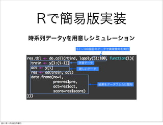 Rで簡易版実装
                 時系列データyを用意しシミュレーション
                         51∼100個目のデータで異常検知を実行



                         学習データ

                          新しいデータ




                                   結果をデータフレムに整形




2011年11月28日月曜日
 