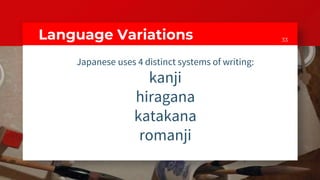 33Language Variations
Japanese uses 4 distinct systems of writing:
kanji
hiragana
katakana
romanji
 