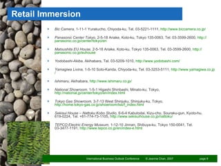 Retail Immersion Bic Camera,  1-11-1 Yurakucho, Chiyoda-ku, Tel. 03-5221-1111,  http:// www.biccamera.co.jp /  Panasonic Center Tokyo,  2-5-18 Ariake, Koto-ku, Tokyo 135-0063, Tel. 03-3599-2600,  http:// panasonic.co.jp/center/tokyo/en  Matsushita EU House,  2-5-18 Ariake, Koto-ku, Tokyo 135-0063, Tel. 03-3599-2600,  http:// panasonic.co.jp/euhouse Yodobashi-Akiba,  Akihabara, Tel. 03-5209-1010,  http://www.yodobashi.com/ Yamagiwa Livina,  1-5-10 Soto-Kanda, Chiyoda-ku, Tel. 03-3253-5111,  http:// www.yamagiwa.co.jp / Ishimaru,  Akihabara,  http:// www.ishimaru.co.jp / National Showroom,  1-5-1 Higashi Shinbashi, Minato-ku, Tokyo,  http://national.jp/center/tokyo/en/index.html Tokyo Gas Showroom,  3-7-13 West Shinjuku, Shinjuku-ku, Tokyo,  http://home.tokyo-gas.co.jp/showroom/tss/f_index.html  Sekisui House – Nattoku Kobo Studio,  6-6-4 Kabutodai, Kizu-cho, Souraku-gun, Kyoto-hu, 619-0224, Tel. +81-774-73-1105,  http:// www.sekisuihouse.co.jp /nattoku/ TEPCO Electric Energy Museum,  1-12-10 Jinnan, Shibuya-ku, Tokyo 150-0041, Tel. 03-3477-1191,  http://www.tepco.co.jp/en/index-e.html 