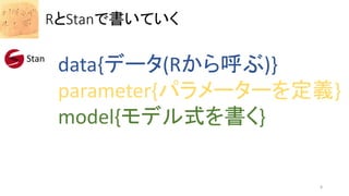 RとStanで書いていく
Stan
data{データ(Rから呼ぶ)}
parameter{パラメーターを定義}
model{モデル式を書く}
8
 