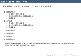 Copyright © 2020 Mori Hamada & Matsumoto All rights reserved.‐ 18‐
金融サービス仲介業者へのエンフォースメント
金融業規制に一般的に見られるエンフォースメントを整備
 報告徴求命令
 対金融サービス仲介業者
 取引先、業務委託先（再委託先を含む）
 保証業者
 立入検査
 対金融サービス仲介業者
 取引先、業務委託先（再委託先を含む）
 保証業者
 業務改善命令
 業務停止命令
 登録取消
 役員解任命令
監督官庁は有価証券等仲介業務につき金融庁から証券取引等監視委員会への業務委任があり、委員会への委任事項
を含めて地方財務（支）局への委任がかかっている。
 