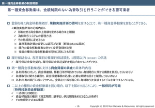 Copyright © 2020 Mori Hamada & Matsumoto All rights reserved.‐ 19‐
第一種資金移動業は、金額制限のない為替取引を行うことができる認可業者
第一種資金移動業の制度概要
 登録を得た資金移動業者が、業務実施計画の認可を受けることで、第一種資金移動業を営むことができる。
<業務実施計画の記載内容>
 移動させる資金額の上限額を定める場合は上限額
 為替取引システムの管理方法
 その他規則に定めるもの
※ 業務実施計画の変更には認可が必要（軽微なものは届出）
※ 既存の資金移動業者は併せて変更登録が必要
※ 複数の種別の資金移動業を同時に営むことも可能
 履行保証金は、各営業日の要履行保証額を、1週間以内（府令指定）に供託
 履行保証金保全契約、履行保証金信託契約を組み合わせることができる
 第一種資金移動業者に対する資金滞留の禁止の具体的内容
 各利用者に対して、資金移動額、移動日等が明らかではない為替取引に関する債務を負担してはいけない
 為替取引に関する債務を、資金移動事務の処理に必要な期間を超えて負担してはいけない
⇒ 各利用者の銀行口座にアクセスし、全銀ネット等を通じずに為替取引を実現するモデルを確立することになる。
 二以上の種別の資金移動業を営む場合、以下を届け出ることにより、一括供託が可能
（特例対象資金移動業）
 一括供託の開始日
 資金移動業の種別（算定期間、基準日、供託期限をそろえることが条件）
 その他規則で定める事項
 