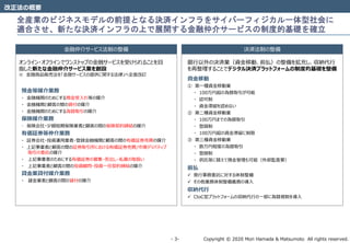 Copyright © 2020 Mori Hamada & Matsumoto All rights reserved.‐ 3‐
全産業のビジネスモデルの前提となる決済インフラをサイバーフィジカル一体型社会に
適合させ、新たな決済インフラの上で展開する金融仲介サービスの制度的基礎を確立
改正法の概要
金融仲介サービス法制の整備
オンライン・オフラインでワンストップの金融サービスを受けられることを目
指した新たな金融仲介サービス業を創設
※ 金融商品販売法を「金融サービスの提供に関する法律」へ全面改訂
預金等媒介業務
・ 金融機関のためにする預金受入れ等の媒介
・ 金融機関と顧客の間の貸付の媒介
・ 金融機関のためにする為替取引の媒介
保険媒介業務
・ 保険会社・少額短期保険業者と顧客の間の保険契約締結の媒介
有価証券等仲介業務
・ 証券会社・投資運用業者・登録金融機関と顧客の間の有価証券売買の媒介
・ 上記事業者と顧客の間の証券取引所における有価証券売買/市場デリバティブ
取引の委託の媒介
・ 上記事業者のためにする有価証券の募集・売出し・私募の取扱い
・ 上記事業者と顧客の間の投資顧問・投資一任契約締結の媒介
貸金業貸付媒介業務
・ 貸金業者と顧客の間の貸付の媒介
決済法制の整備
銀行以外の決済業（資金移動、前払）の整備を拡充し、収納代行
を再整理することでデジタル決済プラットフォームの制度的基礎を整備
資金移動
① 第一種資金移動業
・ 100万円超の為替取引が可能
・ 認可制
・ 資金滞留を認めない
② 第二種資金移動業
・ 100万円までの為替取引
・ 登録制
・ 100万円超の資金滞留に制限
③ 第三種資金移動業
・ 数万円程度の為替取引
・ 登録制
・ 供託等に替えて預金管理も可能（外部監査要）
前払
 発行事務委託に対する体制整備
 その他業務体制整備義務の導入
収納代行
 CtoC型プラットフォームの収納代行の一部に為替規制を導入
 