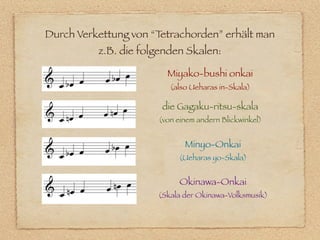 Durch Verkettung von “Tetrachorden” erhält man
          z.B. die folgenden Skalen:

                        Miyako-bushi onkai
                         (also Ueharas in-Skala)

                       die Gagaku-ritsu-skala
                      (von einem andern Blickwinkel)


                             Minyo-Onkai
                           (Ueharas yo-Skala)


                            Okinawa-Onkai
                      (Skala der Okinawa-Volksmusik)
 