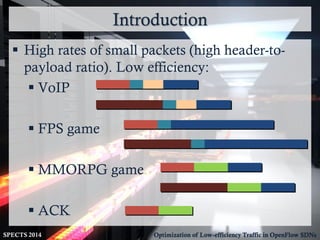 Introduction
SPECTS 2014 Optimization of Low-efficiency Traffic in OpenFlow SDNs
 High rates of small packets (high header-to-
payload ratio). Low efficiency:
 VoIP
 FPS game
 MMORPG game
 ACK
 