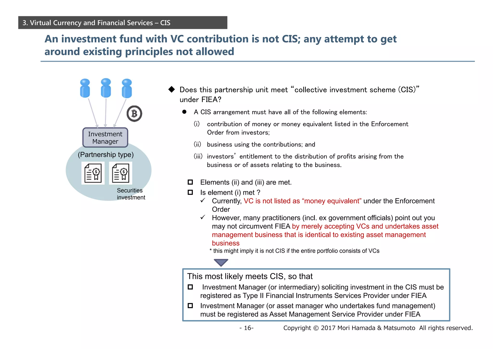 Copyright © 2017 Mori Hamada & Matsumoto All rights reserved.- 16-
3. Virtual Currency and Financial Services – CIS
An investment fund with VC contribution is not CIS; any attempt to get
around existing principles not allowed
Investment
Manager
 Does this partnership unit meet “collective investment scheme (CIS)”
under FIEA?
 A CIS arrangement must have all of the following elements:
(i) contribution of money or money equivalent listed in the Enforcement
Order from investors;
(ii) business using the contributions; and
(iii) investors’ entitlement to the distribution of profits arising from the
business or of assets relating to the business.
(Partnership type)
 Elements (ii) and (iii) are met.
 Is element (i) met ?
 Currently, VC is not listed as “money equivalent” under the Enforcement
Order
 However, many practitioners (incl. ex government officials) point out you
may not circumvent FIEA by merely accepting VCs and undertakes asset
management business that is identical to existing asset management
business
* this might imply it is not CIS if the entire portfolio consists of VCs
This most likely meets CIS, so that
 Investment Manager (or intermediary) soliciting investment in the CIS must be
registered as Type II Financial Instruments Services Provider under FIEA
 Investment Manager (or asset manager who undertakes fund management)
must be registered as Asset Management Service Provider under FIEA
Securities
investment
 