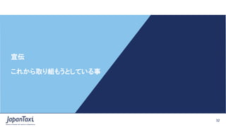 32
Proprietary and Confidential ©2017 JapanTaxi, Inc. All Rights ReservedProprietary and Confidential ©2017 JapanTaxi, Inc. All Rights Reserved
宣伝
これから取り組もうとしている事
 