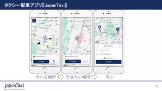 5
Proprietary and Confidential ©2017 JapanTaxi, Inc. All Rights Reserved
5
Proprietary and Confidential ©2019 JapanTaxi, Inc. All Rights Reserved
タクシー配車アプリ『JapanTaxi』
今いる場所 行きたい場所 呼ぶ
 