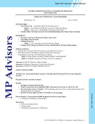 Table Of Contents: Japan Pharma

GLOBAL PHARMACEUTICAL AND BIOTECHNOLOGY
OUTLOOK 2014
TABLE OF CONTENTS: JAPAN PHARMA
Total Pages: 141

Price: $2500

INNOVATORS:
 New Price-Cuts – A Double Punch To The Innovators!
Table 1- New Slabs For Nhi Price Cuts For Long-listed Drugs
Table 2 - Expense Vs. Protability Of Japanese Innovators
 Another Blow For Innovators In Not Institutionalizing The ‘Innovation Premium’
GENERICS:
 Pressure To Generic Discount Further Increased
 Upcoming New Generics
 Existing Generics
Table 3 - New Drug Prices For Existing Ge Drugs
 Listing Of GE Drugs by Both GE Name And Brand To Promote Discounting
IMPLICATIONS:
 Finding New Avenues Of Cost Saving Are Inevitable For GE Cos
 Innovators Need To Redene Long-Listed Products Strategies
 Consolidation Activities To Will Witness A Boost
Table 4 - Other REGULATION UNDER APRIL-14 REFORMS*
Table 5 -Protably Structure Of Select Generic Companies
Annexure 1 JAPAN GEnerics Market Model
Annexure 2 Japanese Innovators: Long Listed Exposure
Annexure 3 PATENT EXPIRY THROUGH 2016
JAPAN INNOVATORS
ASTELLAS: Successful Global Launch of Xtandi And Myrbetriq To Overcome Domestic
worries!

Xtandi
 JP Approval ahead than Zytiga
 What to watch out for in Detailed PREVAIL data in Late Feb at ASCO GU-14?
 Prevail top line data of Xtandi – rPFS advantage and ease of use compensate absolute OS
disappointment for urologist
 Recent US prescription trends of Xtandi are encouraging
Isavuconazole: Isavuconazole QIDP designation and our expectation
 Competitive landscape of Antifungals
Myrbetriq
 Early prescription trend
 Target market
 Competitive landscape for OAB drugs

OUTLOOK 2014: Table of Contents: Japan Pharma / 1

TOC: Japan Pharma

Prograf Generics Launch in Japan

 