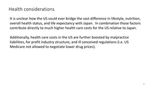 Health considerations
47
It is unclear how the US could ever bridge the vast difference in lifestyle, nutrition,
overall health status, and life expectancy with Japan. In combination those factors
contribute directly to much higher health care costs for the US relative to Japan.
Additionally, health care costs in the US are further boosted by malpractice
liabilities, for profit industry structure, and ill conceived regulations (i.e. US
Medicare not allowed to negotiate lower drug prices).
 