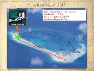 Subi Reef May 6, 2015
Total Reclaimed Area : 100 Hectares
Port Facility : 3 Jetty
Distance to Palawan: 238 NM
Distance to China: 503 NM
 