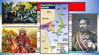 O JAPÃO
HISTÓRIA E DESENVOLVIMENTO
• O Japão era basicamente agrário até
1867, dominado pelos Xoguns – líder
militar
• Caracterizado pelo isolamento,
descentralização política e latifúndios.
• Com o fim do xogunato, inicia-se a Era
Meiji
• Por esse período, também há o
desaparecimento dos ninjas (shinobis)
A ERA MEIJI – 1868 a 1912
• Poder centralizado no imperador
• Fim do feudalismo
• Rápida modernização e abertura
comercial
• Impulsionada pelos EUA
• Investimentos em setores estratégicos
(educação e indústria de base)
• Surgimento dos zaibatsus
• Expansionismo territorial para a Coreia
do Sul, mar da China e ilhas do Pacífico
 