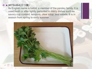 +  MITSUBA(三つ葉)
Its English name is trefoil, a member of the parsley family. It is
used fresh or after lightly parboiled in many dishes such as
savory cup custard, tempura, clear soup, and salads. It is in
season from spring to early summer.
 