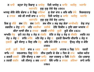 n AwvY bhuqw eyhu ivfwxu ] Awdysu iqsY Awdysu ] Awid AnIlu Anwid
Anwhiq jugu jugu eyko vysu ]30]
Awsxu loie loie BMfwr ] jo ikCu pwieAw su eykw vwr ] kir kir vyKY isrjxhwru
] nwnk scy kI swcI kwr ] Awdysu iqsY Awdysu ] Awid AnIlu Anwid
Anwhiq jugu jugu eyko vysu ]31]
iek dU jIBO lK hoih lK hovih lK vIs ] lKu lKu gyVw AwKIAih eyku nwmu
jgdIs ] eyqu rwih piq pvVIAw cVIAY hoie iekIs ] suix glw Awkws kI
kItw AweI rIs ] nwnk ndrI pweIAY kUVI kUVY TIs ]32]
AwKix joru cupY nh joru ] joru n mMgix dyix n joru ] joru n jIvix mrix nh
joru ] joru n rwij mwil min soru ] joru n surqI igAwin vIcwir ] joru n
jugqI CutY sMswru ] ijsu hiQ joru kir vyKY soie ] nwnk auqmu nIcu n koie
]33]
rwqI ruqI iQqI vwr ] pvx pwxI AgnI pwqwl ] iqsu ivic DrqI
Qwip rKI Drmswl] iqsu ivic jIA jugiq ky rMg ] iqn ky nwm Anyk Anµq
] krmI krmI hoie vIcwru ] scw Awip scw drbwru ] iqQY sohin pMc prvwxu
] ndrI krim pvY nIswxu ] kc pkweI EQY pwie ] nwnk gieAw jwpY jwie
]34]
 